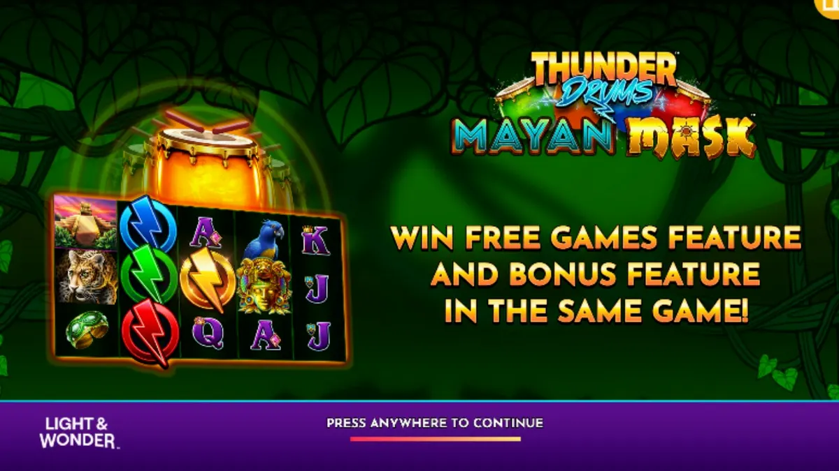 Tampilan visual slot Thunder Drums Mayan Mask dengan nuansa kuil Maya kuno