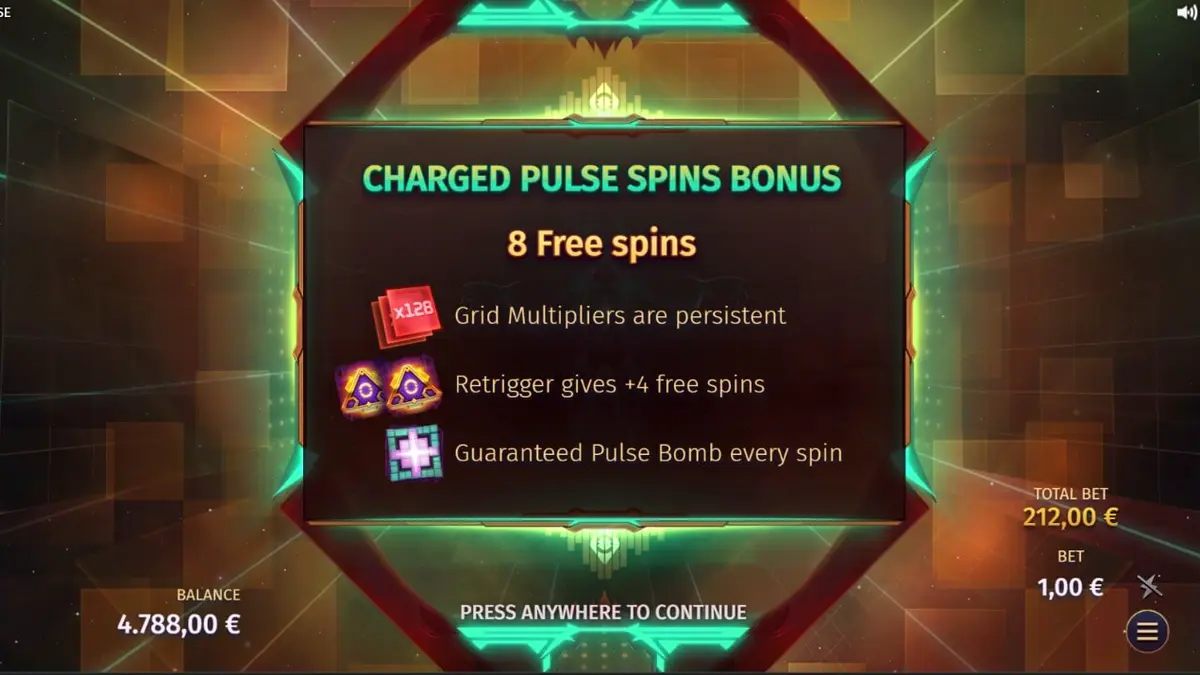 Tampilan visual futuristik dari slot Phantom Pulse dengan grid 7x7 yang penuh warna.